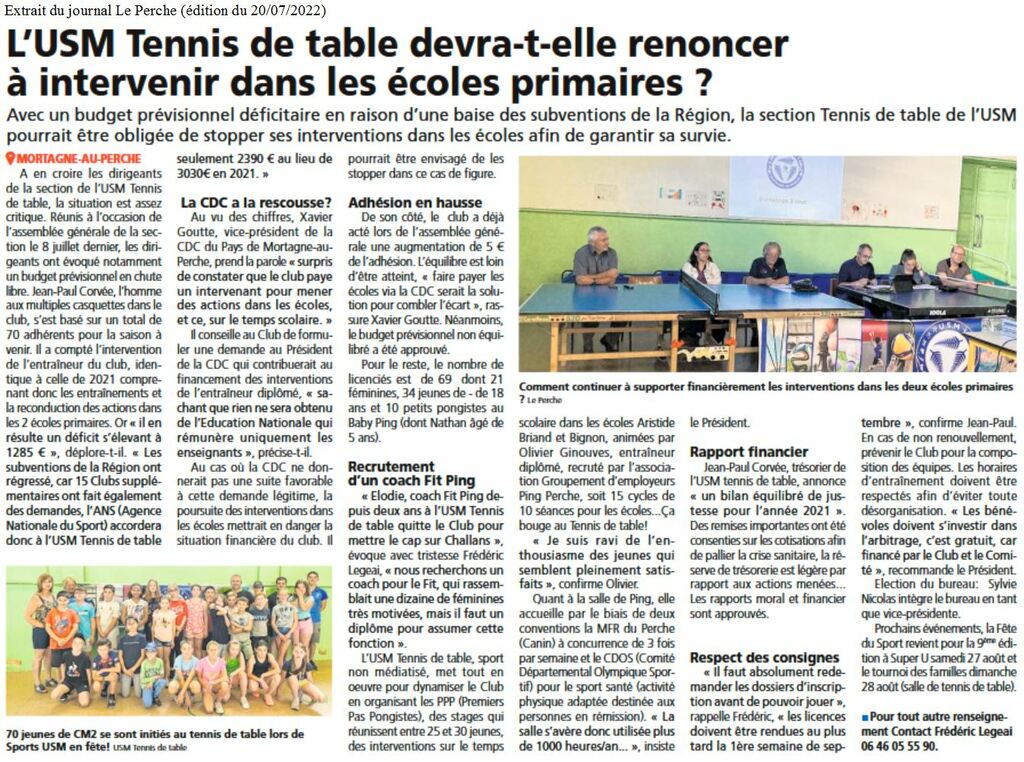 Le Perche 20/07/2022 : L'USM tennis de table devra-t-elle renoncer à intervenir dans les écoles primaires ?