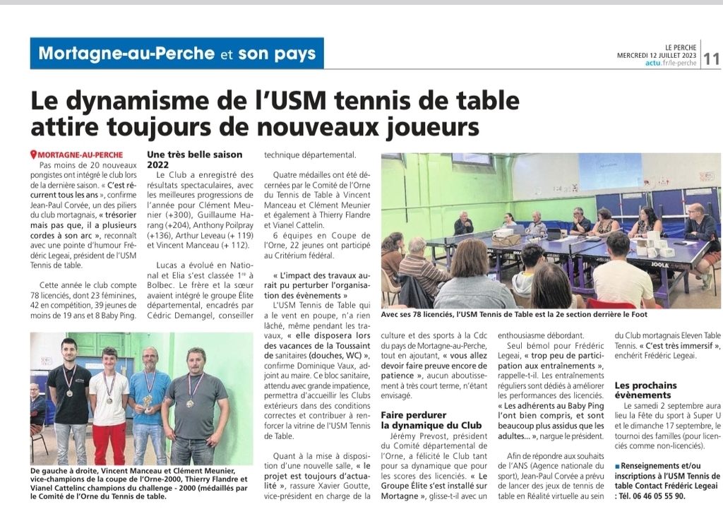 Le Perche 11 juillet 2023 : le dynamisme de l'USM Tennis de Table attire toujours de nouveaux joueurs