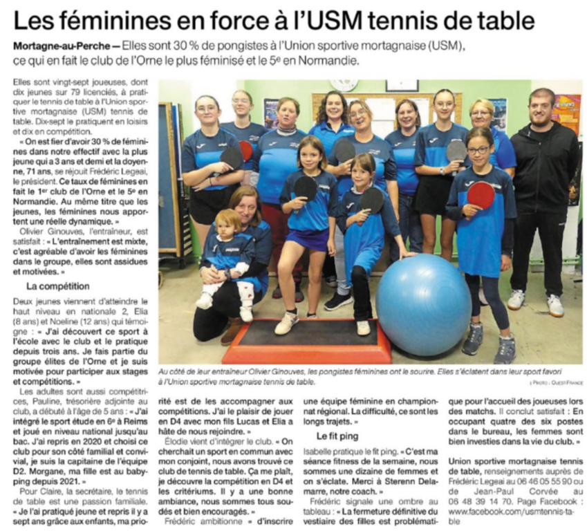 Ouest France 24/10/2023 : Les féminines en force à l'USM tennis de table