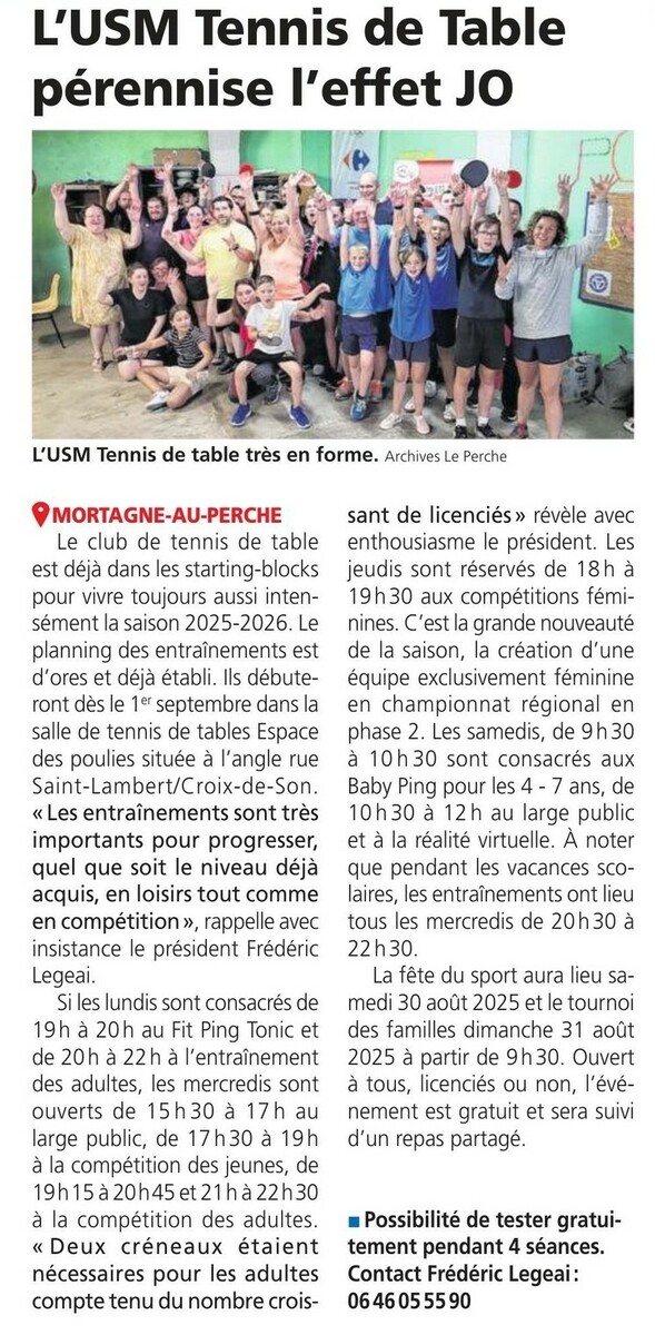 Le Perche 6 août 3025 : l'USM tennis de table pérennise l'effet JO